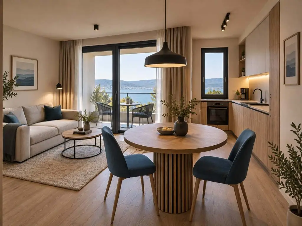 Drugi ugao Apartmana Vista sa kuhinjom, trpezarijom, dnevnim boravkom i balkonom.