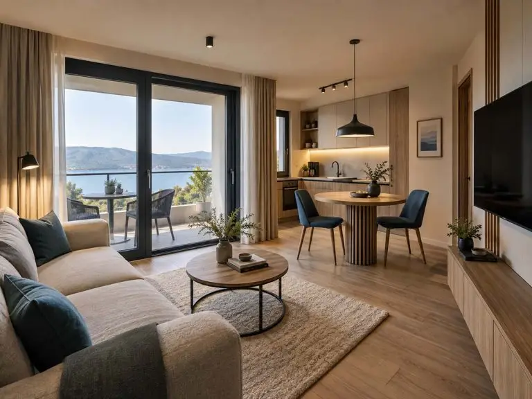 Apartman Vista sa dnevnim prostorom, kuhinjom, trpezarijom i izlazom na balkon.