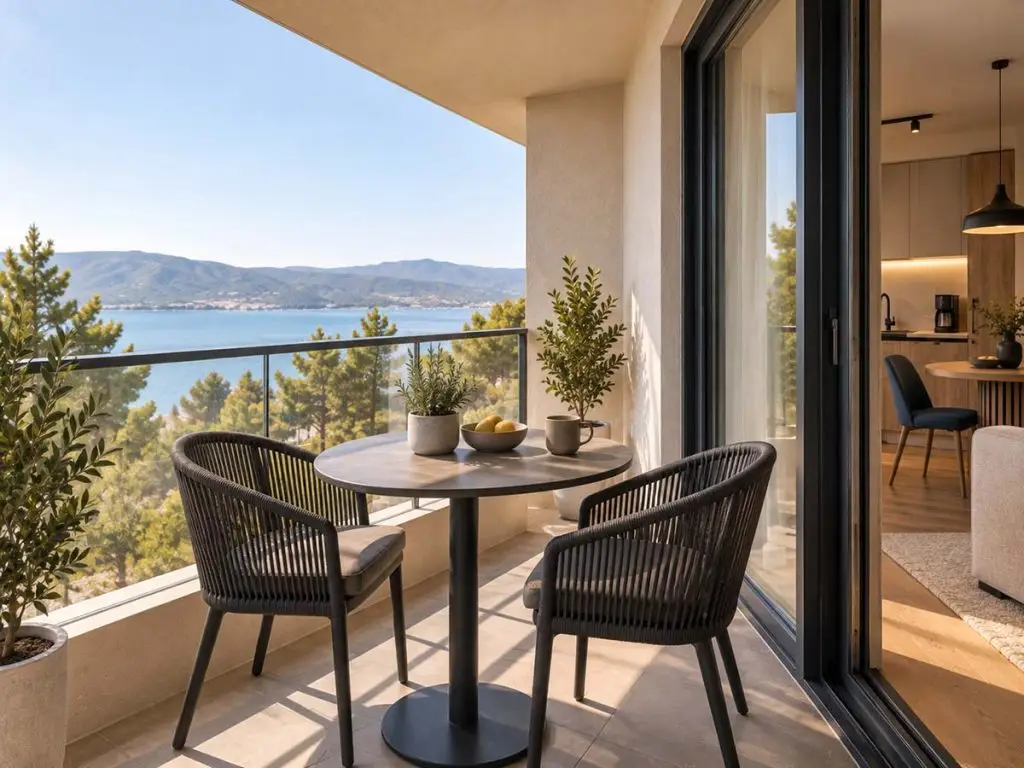 Privatni balkon Apartmana Vista sa stolom za dve osobe i otvorenim panoramskim pogledom.
