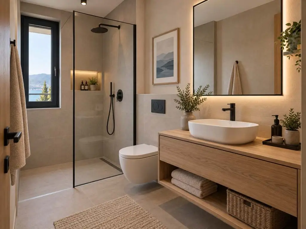 Privatno kupatilo Apartmana Vista sa walk-in tušem i toplim drvenim detaljima.