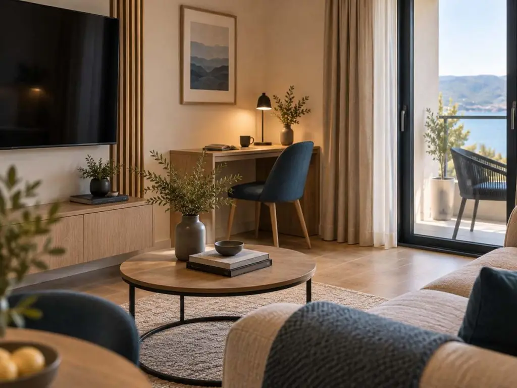 Radni kutak i TV zona Apartmana Vista uz izlaz na privatni balkon.