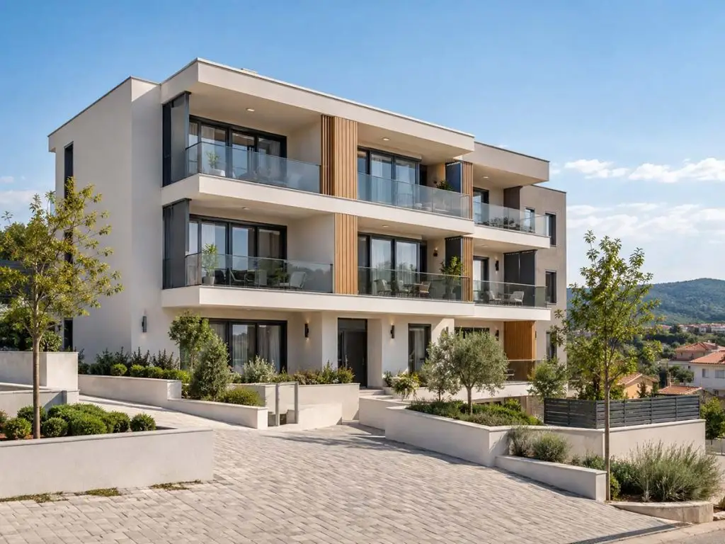 Panorama Apartmani u savremenom rezidencijalnom ambijentu sa balkonima i otvorenim pogledom.