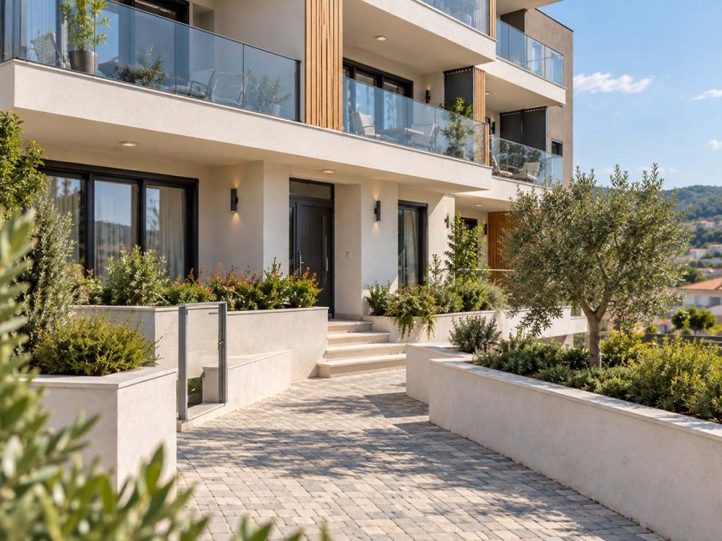 Glavni ulaz u Panorama Apartmane sa uređenim prilazom i zelenilom.