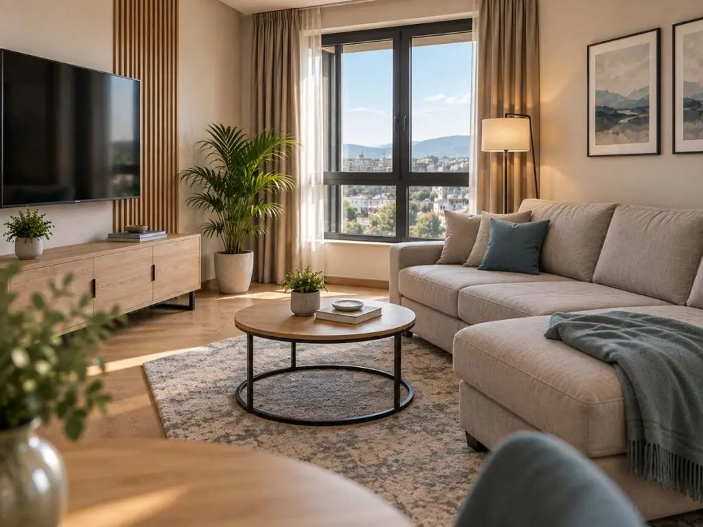 Detalj dnevnog boravka Apartmana Horizon sa sofom, TV zonom i prirodnim svetlom.