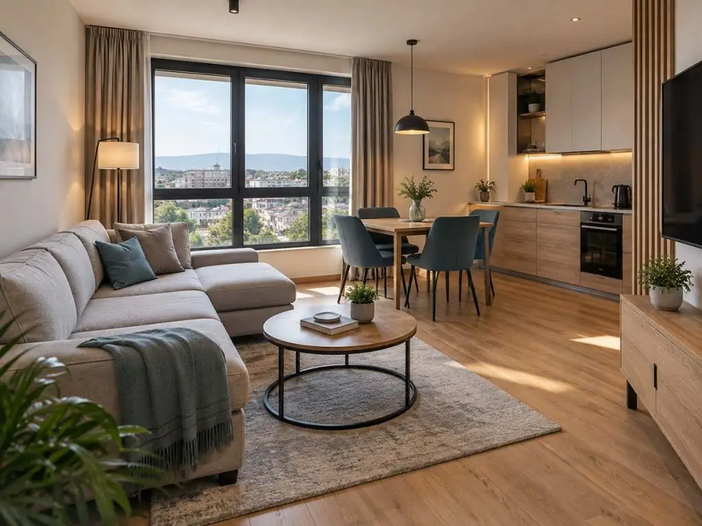 Apartman Horizon sa dnevnim boravkom, kuhinjom, trpezarijom i velikim prozorima.