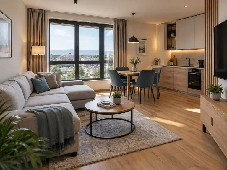 Apartman Horizon sa dnevnim boravkom, kuhinjom, trpezarijom i velikim prozorima.