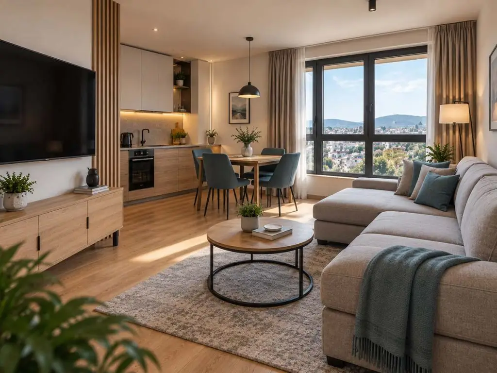 Drugi ugao Apartmana Horizon sa dnevnom zonom, kuhinjom i trpezarijom.