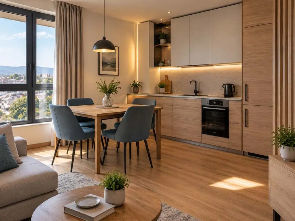 Opremljena kuhinja i trpezarijski deo Apartmana Horizon.