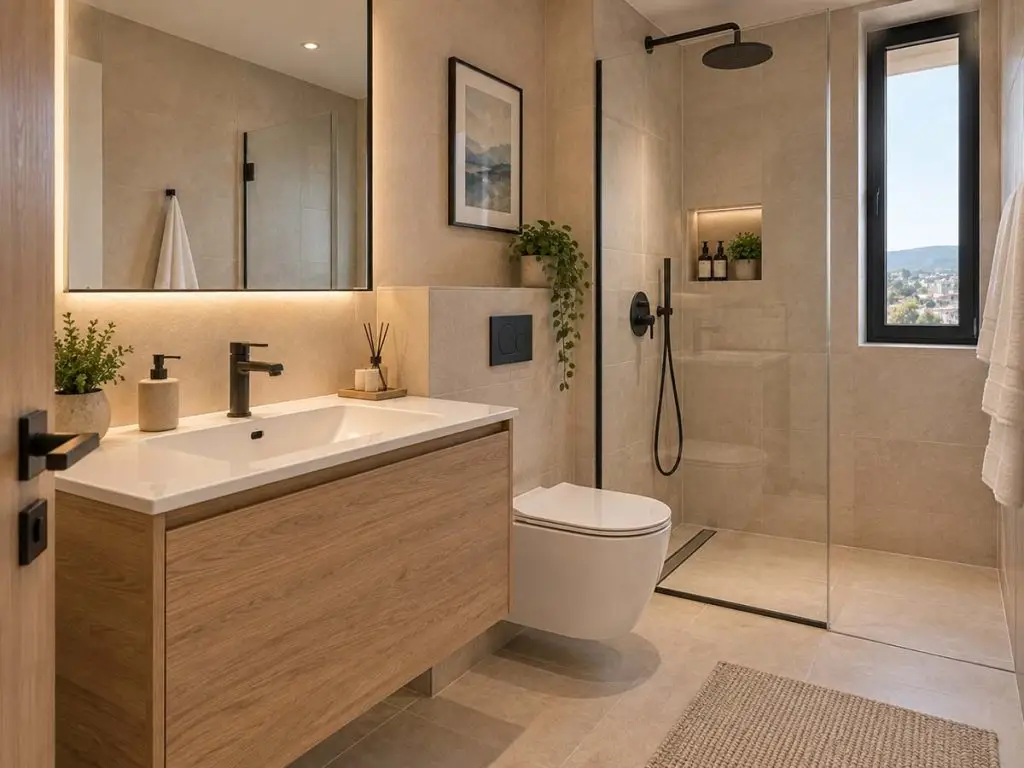 Privatno kupatilo Apartmana Horizon sa walk-in tušem i hrastovim detaljima.