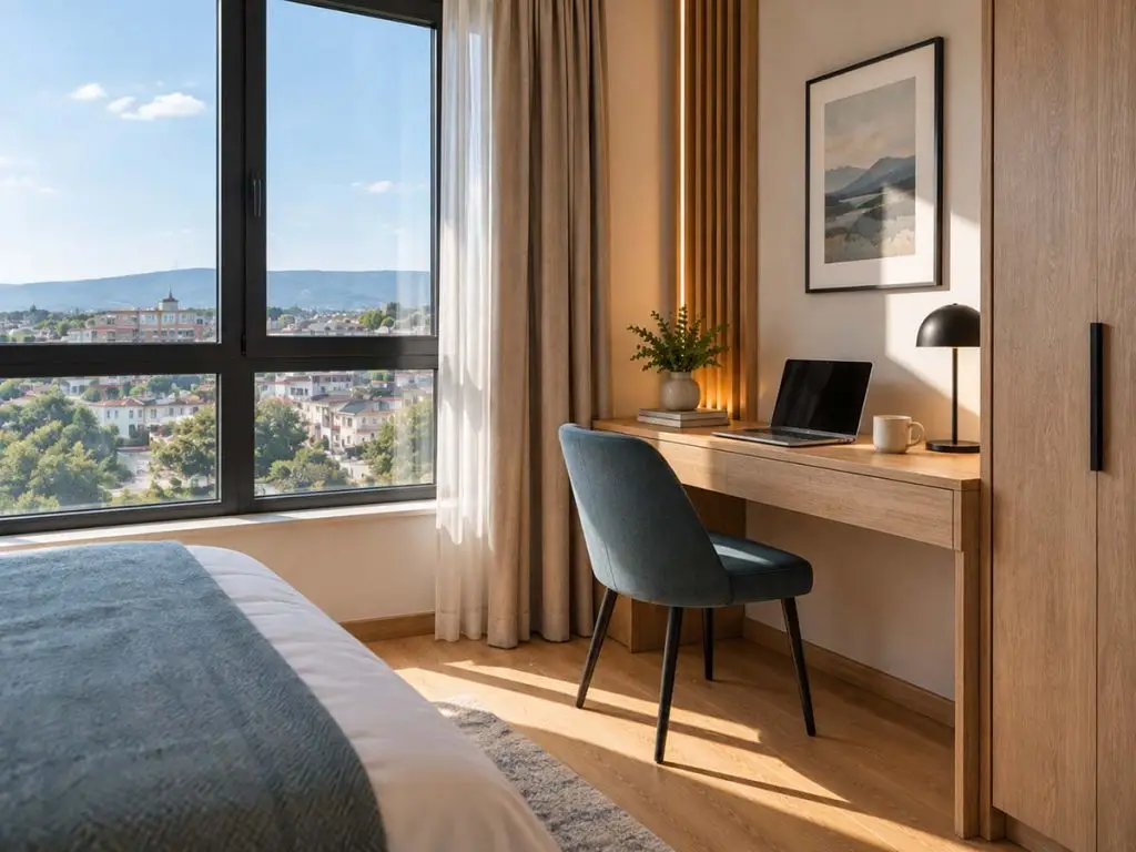 Radni kutak Apartmana Horizon uz veliki prozor i otvoren panoramski pogled.