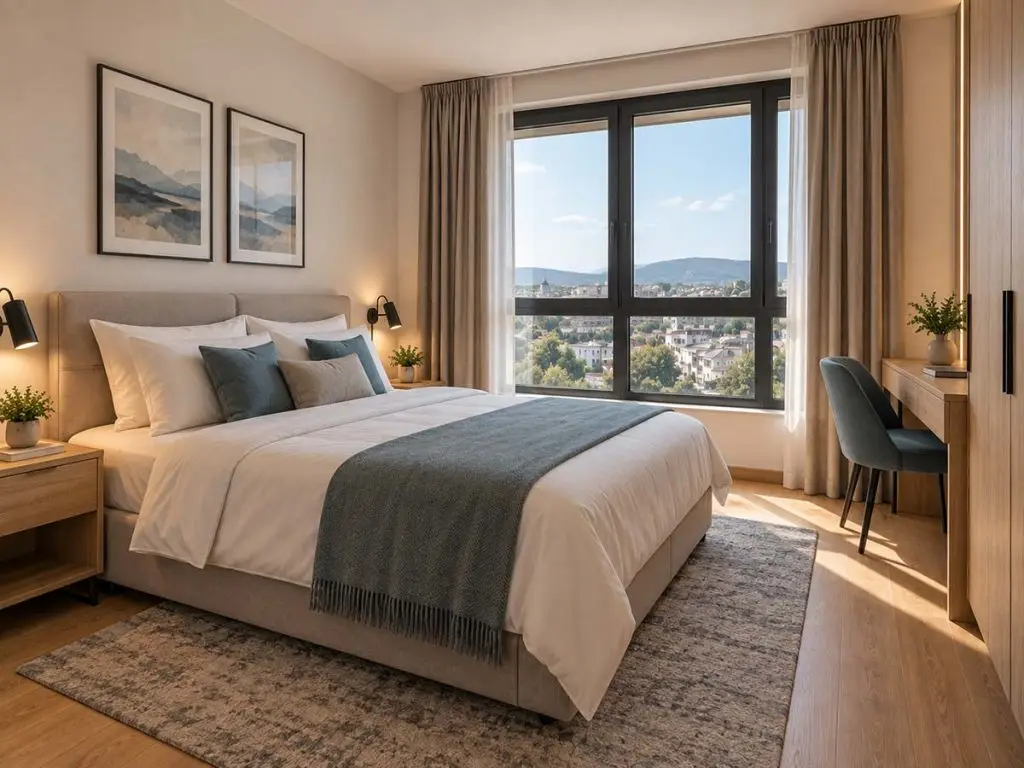 Odvojena spavaća soba Apartmana Horizon sa francuskim ležajem i prirodnim svetlom.