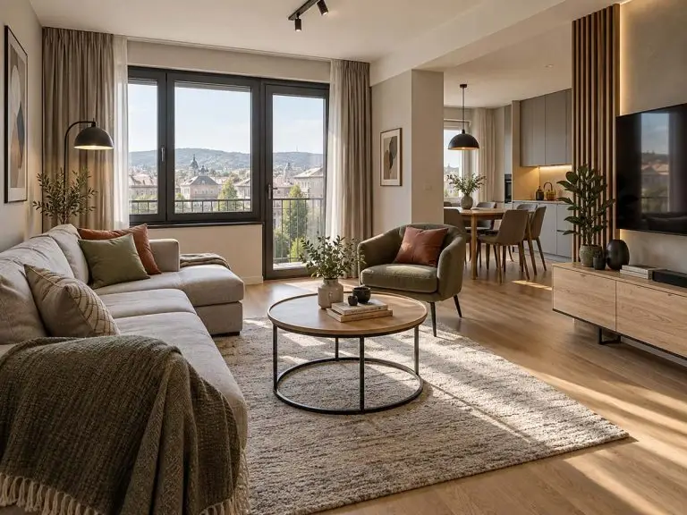 Dnevni boravak apartmana Quattro Centar sa udobnim sedenjem, TV zonom i puno prirodnog svetla.
