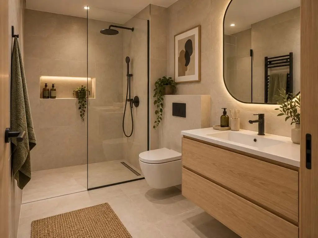 Privatno kupatilo Quattro Centra sa walk-in tušem i toplim drvenim detaljima.