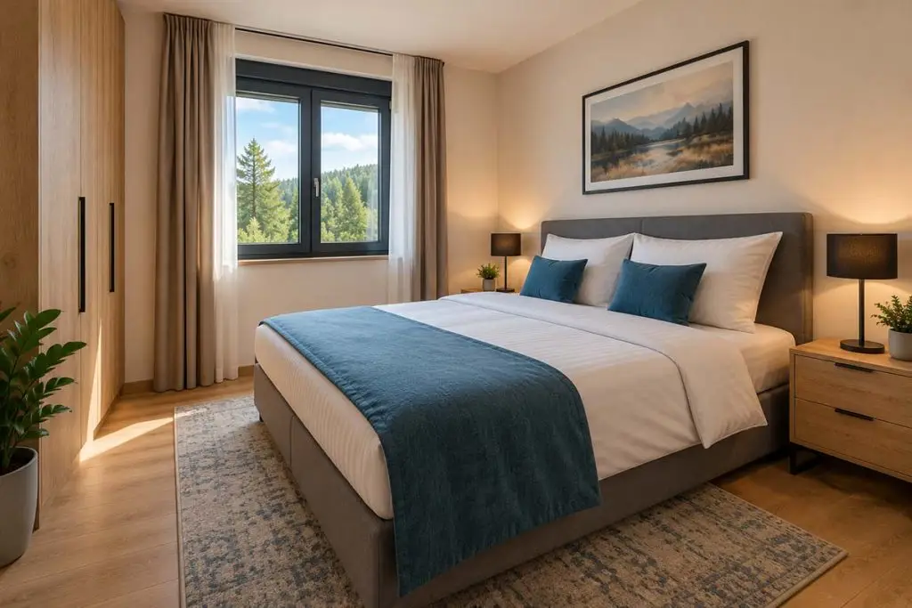 Druga spavaća soba Apartmana Skyline sa bračnim krevetom i toplim ambijentom.