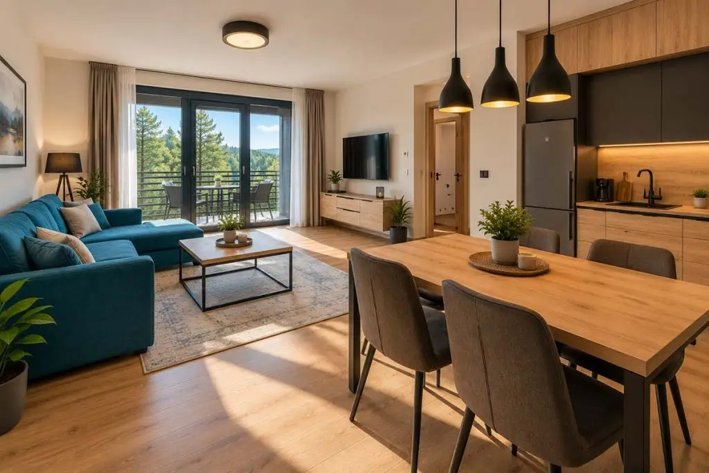 Drugi ugao Apartmana Skyline sa dnevnim boravkom, kuhinjom i trpezarijskim delom.
