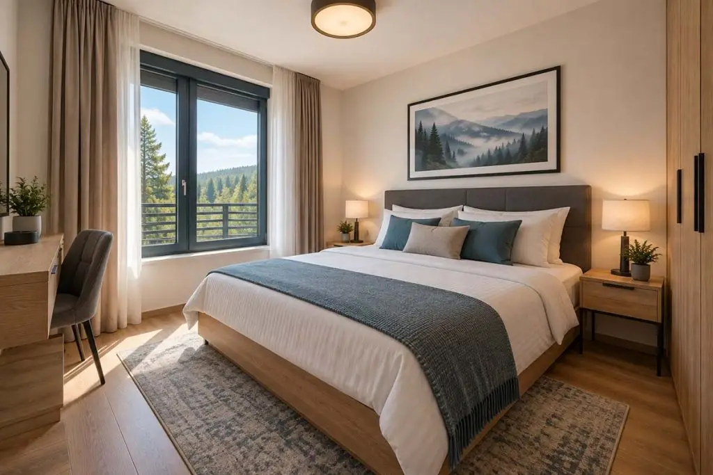 Glavna spavaća soba Apartmana Skyline sa bračnim krevetom i velikim prozorom.