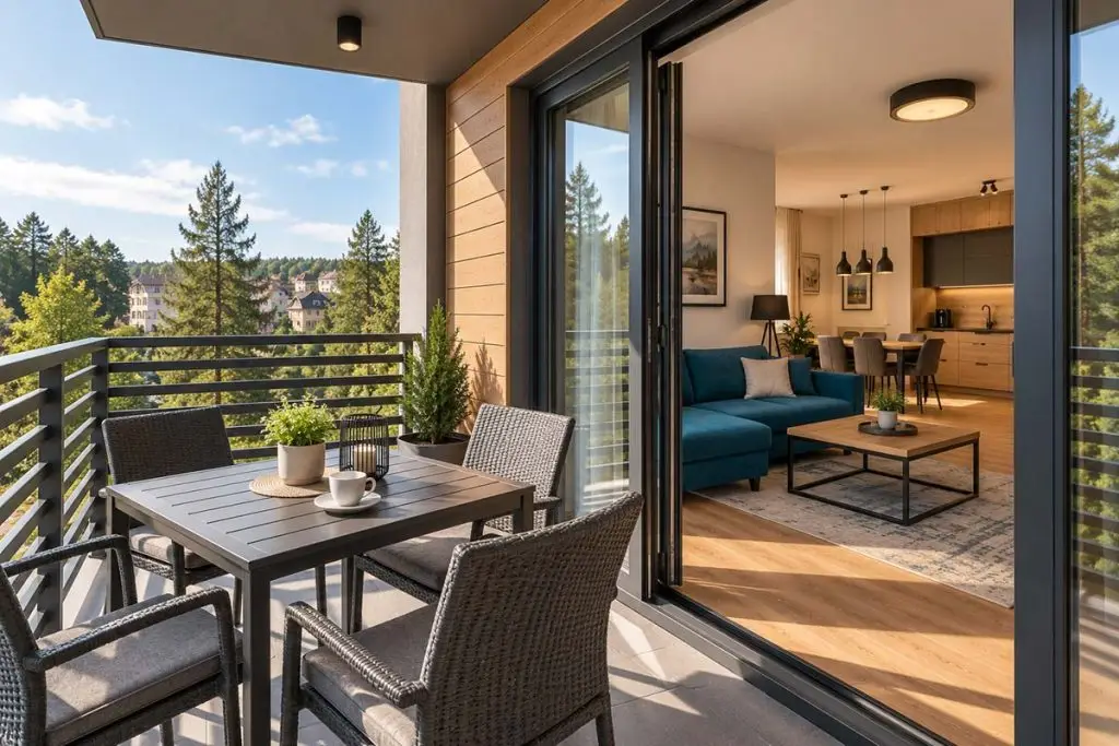Privatni balkon Apartmana Skyline sa prostorom za sedenje i otvorenim panoramskim pogledom.