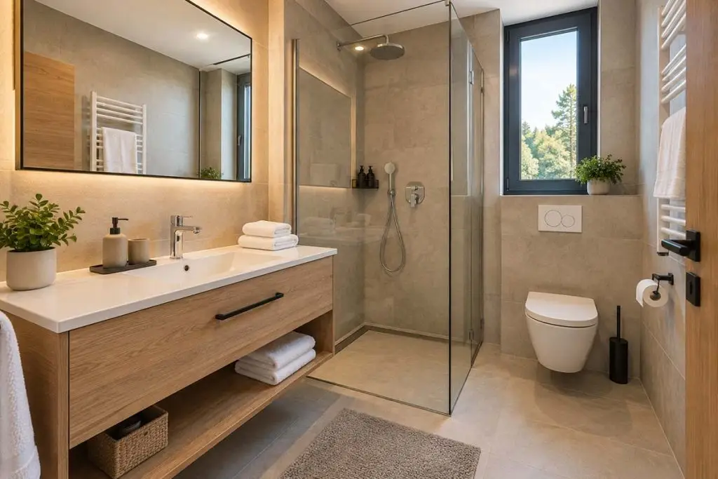 Privatno kupatilo Apartmana Skyline sa walk-in tušem i modernim detaljima.
