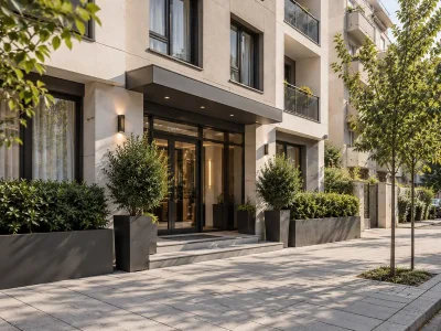 Glavni ulaz u Centar Residence sa uređenim prilazom i zelenilom.