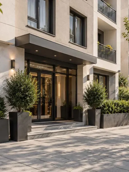 Glavni ulaz u Centar Residence sa uređenim prilazom i zelenilom.
