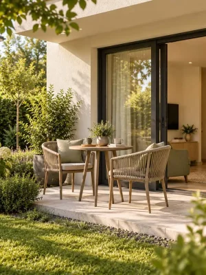 Privatna terasa Garden Apartmana sa prostorom za sedenje i pogledom na vrt.